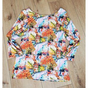 Peck & Peck Womens M Top 3/4 Sleeve Blouse Stretch Shirt City Str All Over Print